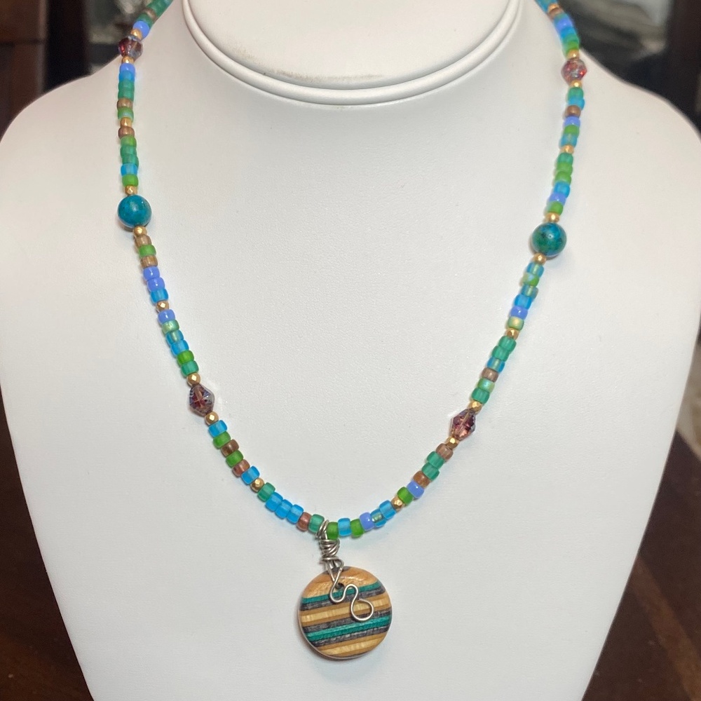 Recycled Surfboard Pendant Necklace with Glass Beads